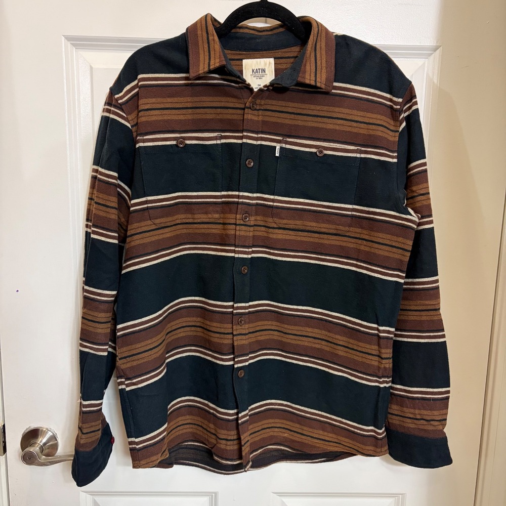 Katin Mens Small Striped Flannel Button Down Shirt Brown Green Long Sleeve